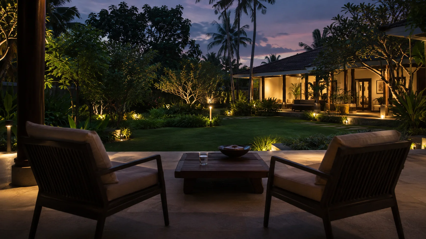 Evening conversation on a villa terrace overlooking a lit Kerala garden