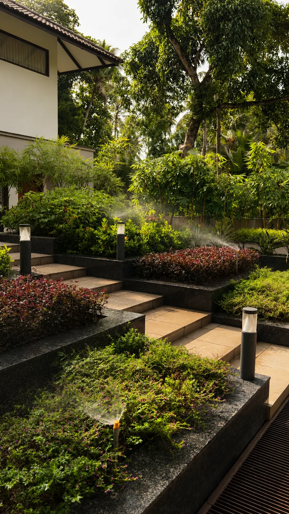 Modern slate fountain in a planted courtyard