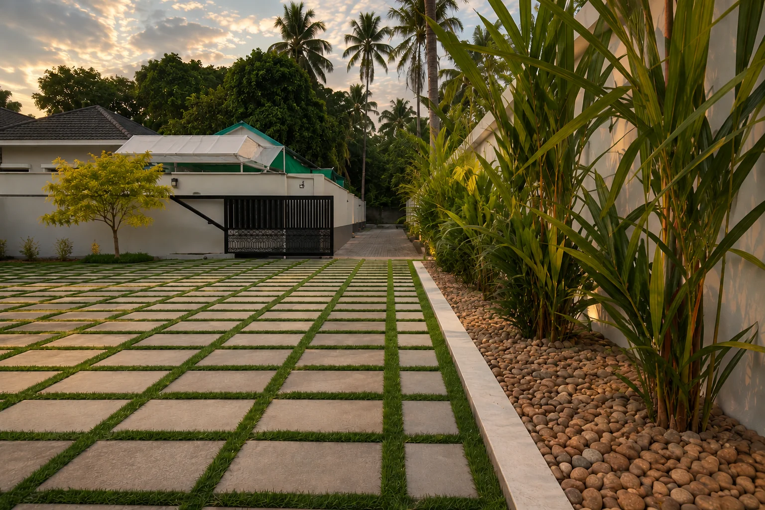 Mist irrigation over flowering beds beside a modern facade