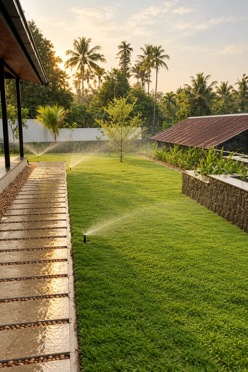 Lawn, path and palms under sprinkler spray