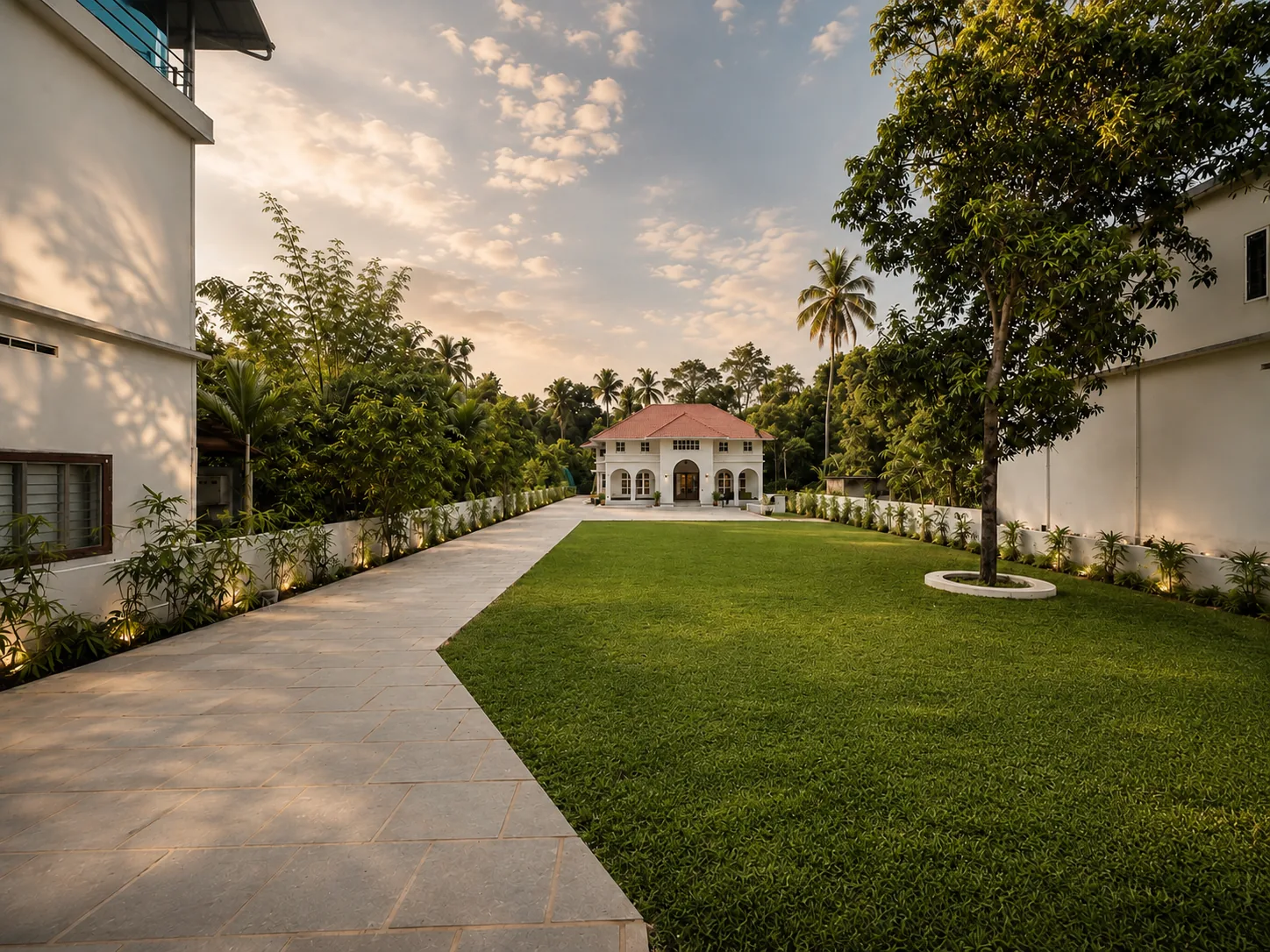 Stone paver driveway through landscaped grounds