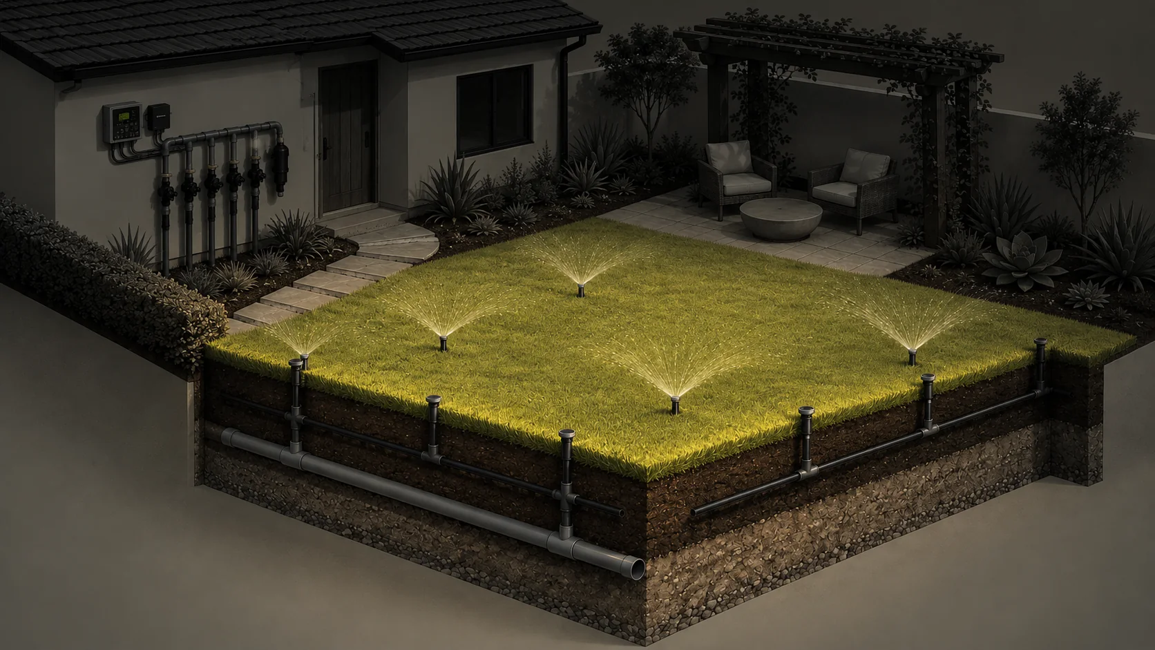 Cutaway of a garden with the lawn surface lit, showing the turf layer above the buried pipework.