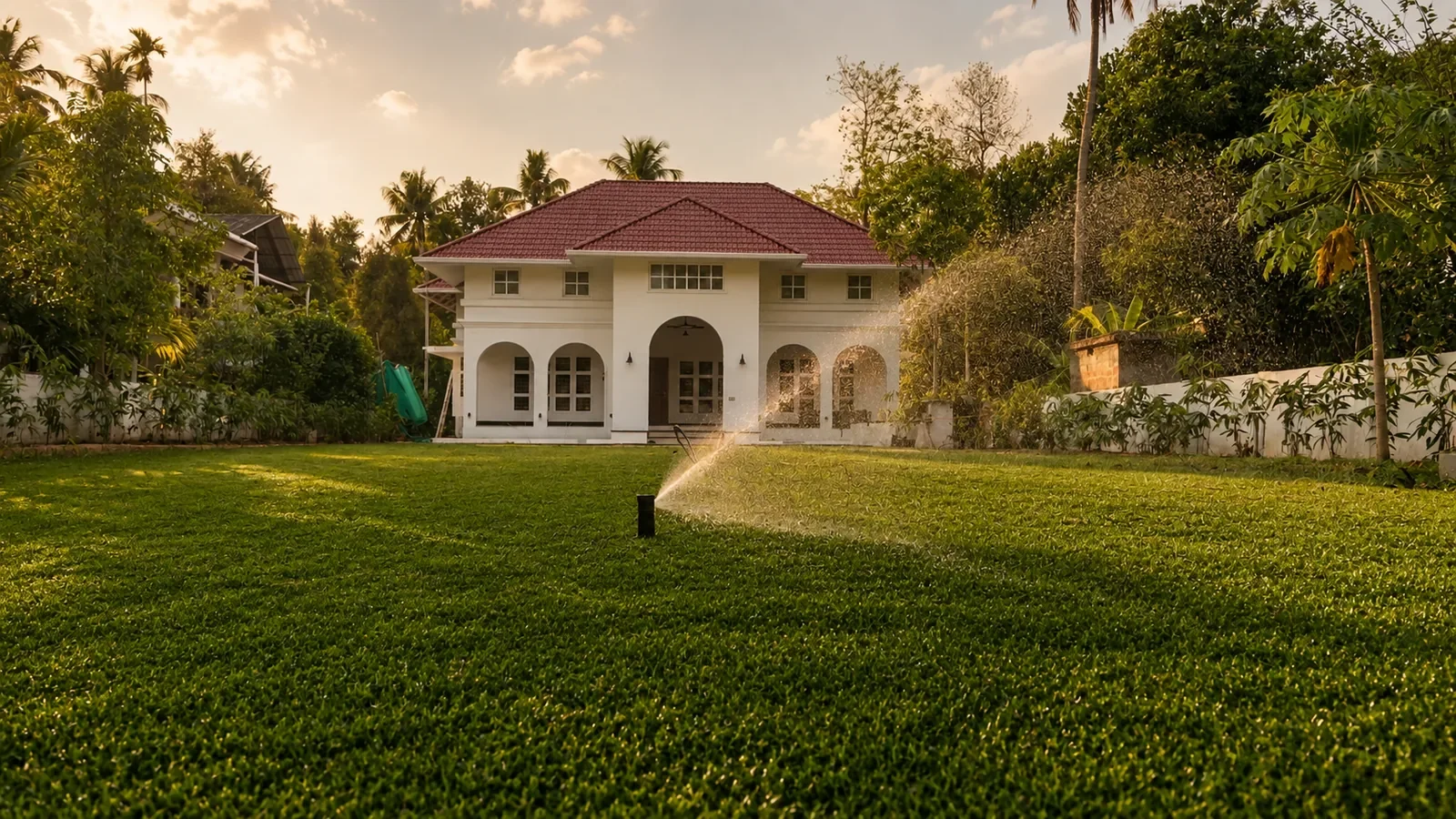 Villa lawn with pop-up irrigation at golden hour