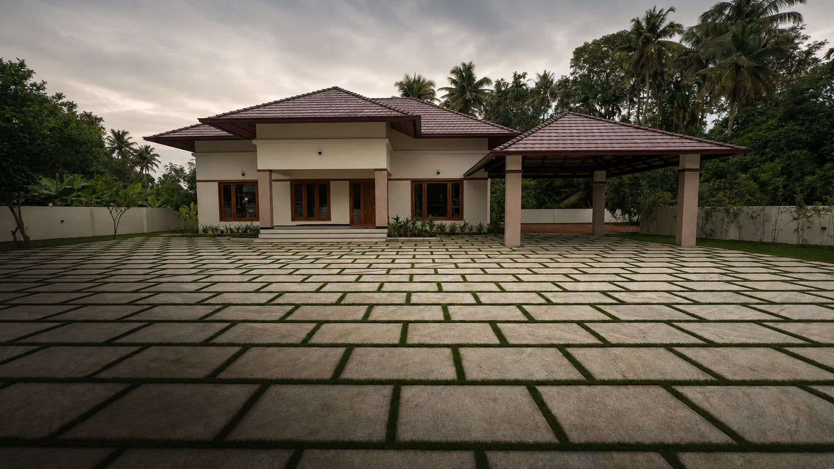Grass-jointed Bangalore stone courtyard leading to a villa in Kerala