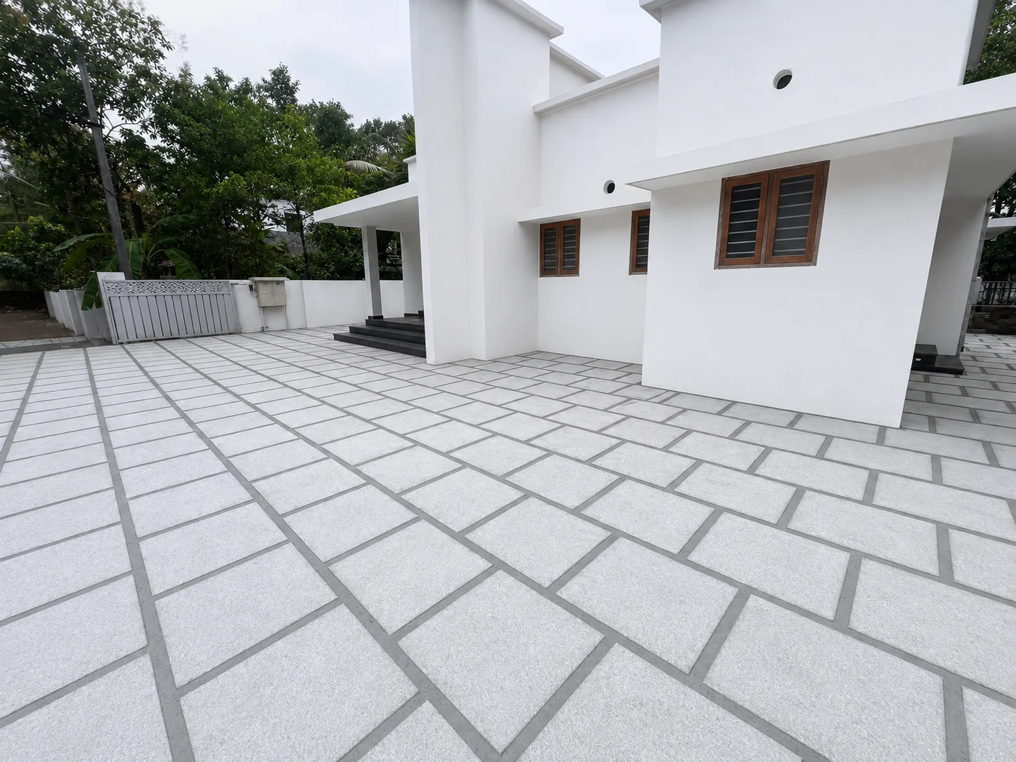 Newly laid stone courtyard during landscape construction