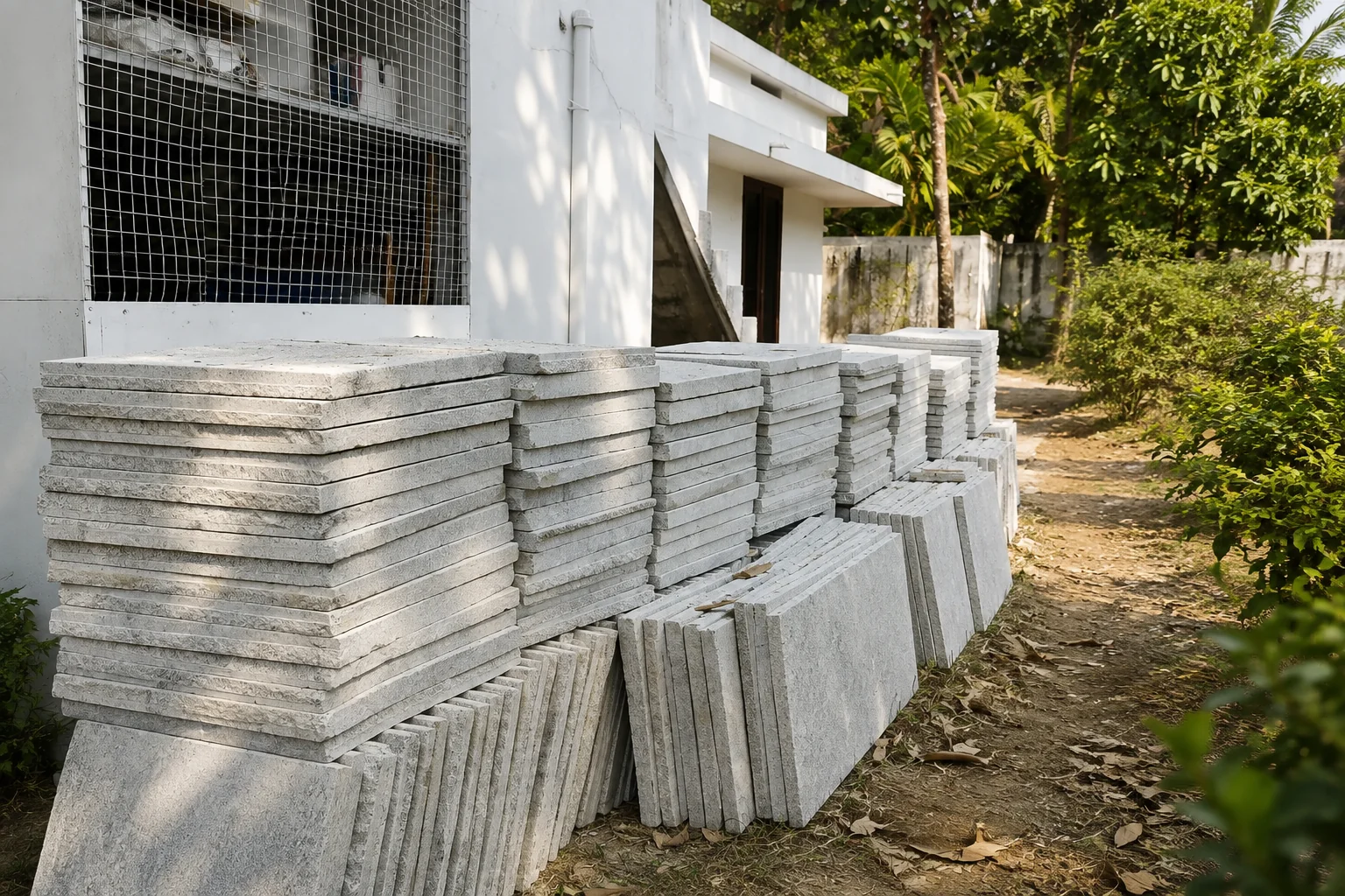 Stone paving slabs staged on site for landscape installation