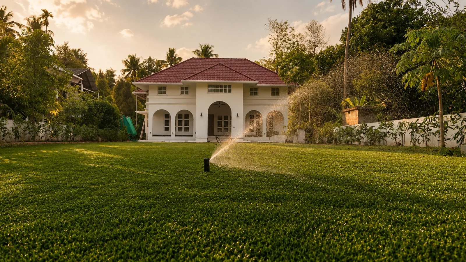 Villa lawn with active sprinkler at golden hour