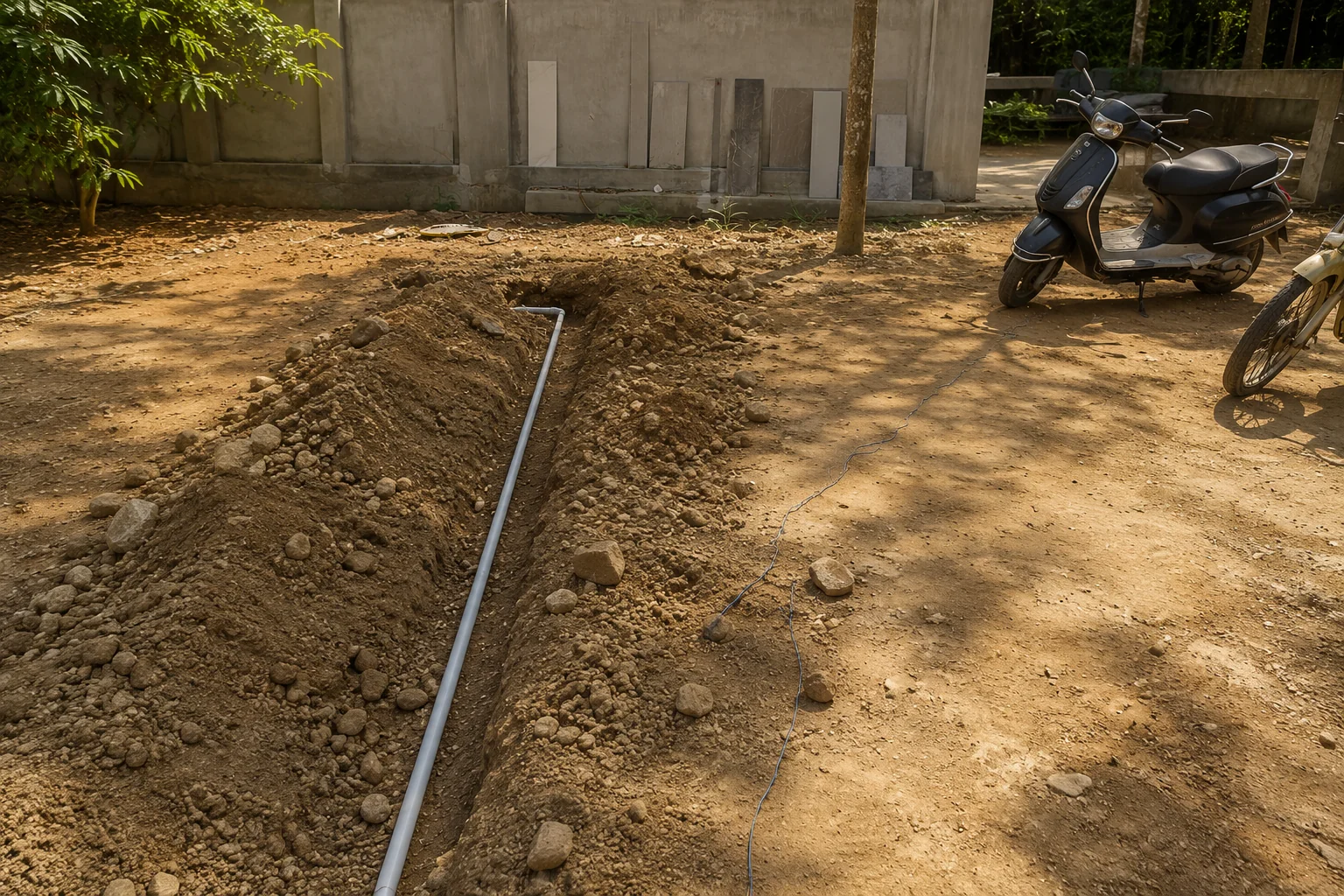 Irrigation layout planned across the prepared lawn area