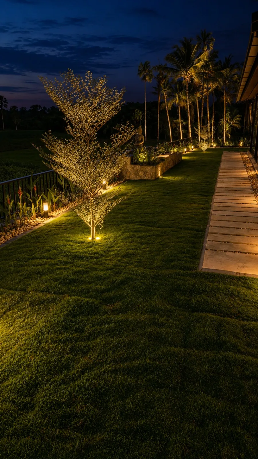 Uplit tree beside a stone path with palm lighting beyond