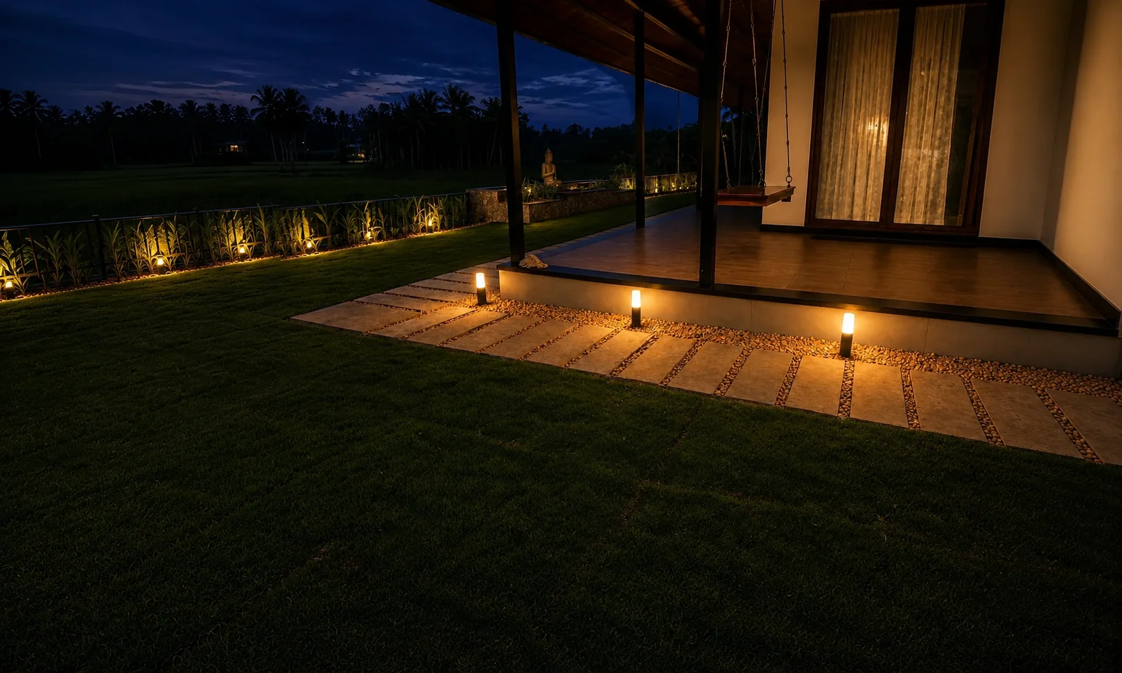 Bollard lighting along a paved terrace at dusk, with uplit planting and paddy fields beyond