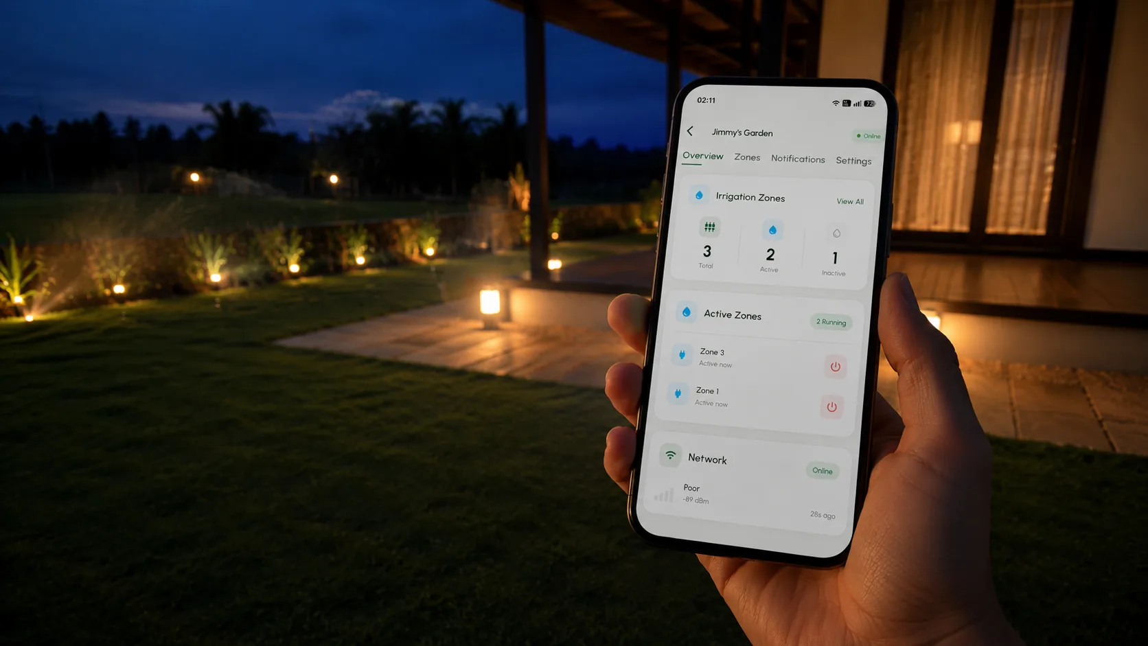 Phone showing the Ufarms garden app with irrigation zones active over a lit lawn at dusk