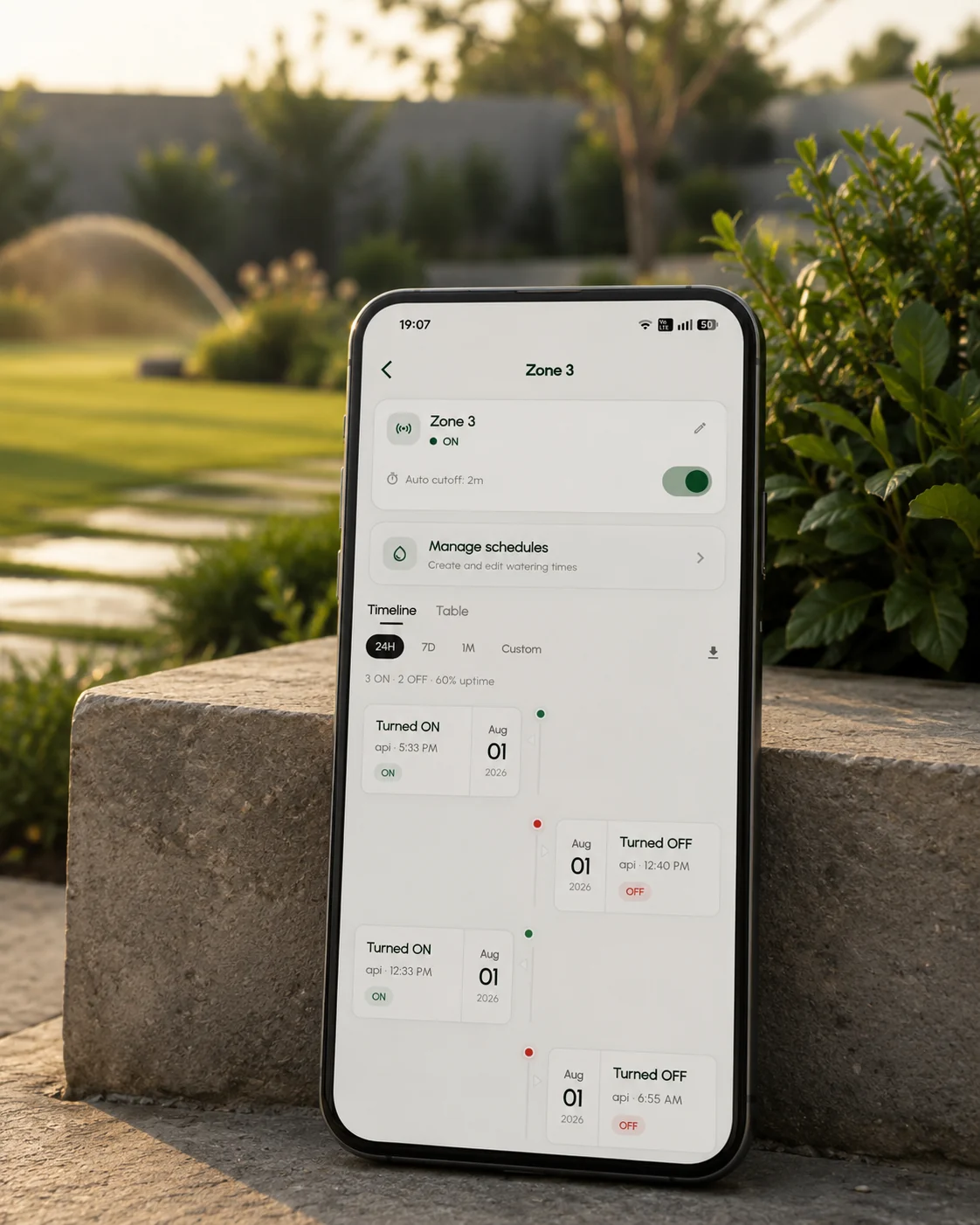 Ufarms app on a phone in the garden, with irrigation running in the background