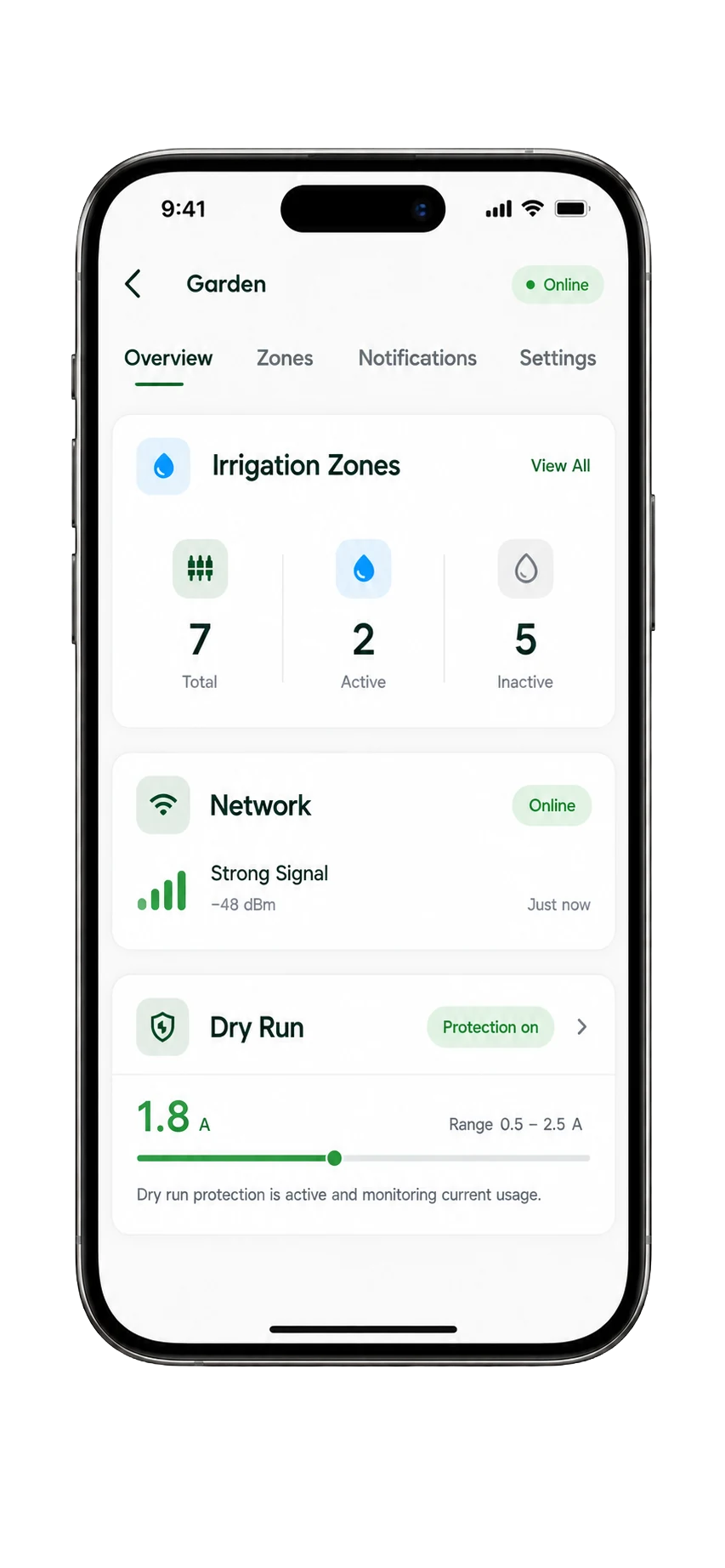 Ufarms app showing dry run protection active and the current drawn by the motor