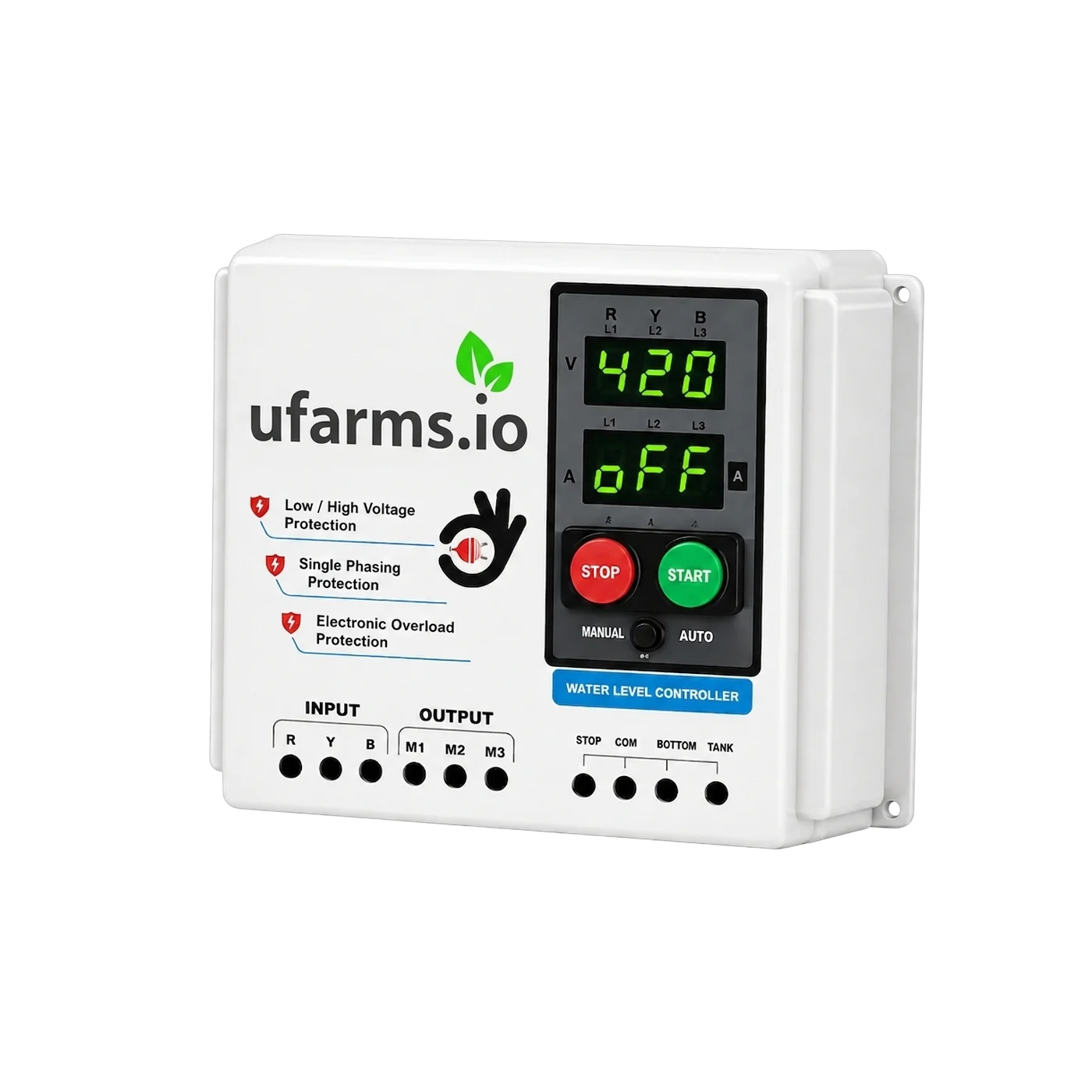 Automatic water level controller with dry run and overload protection