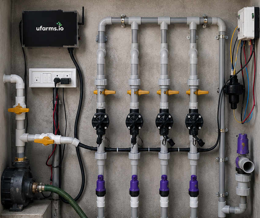 Pump and dosing line at a hydroponic farm
